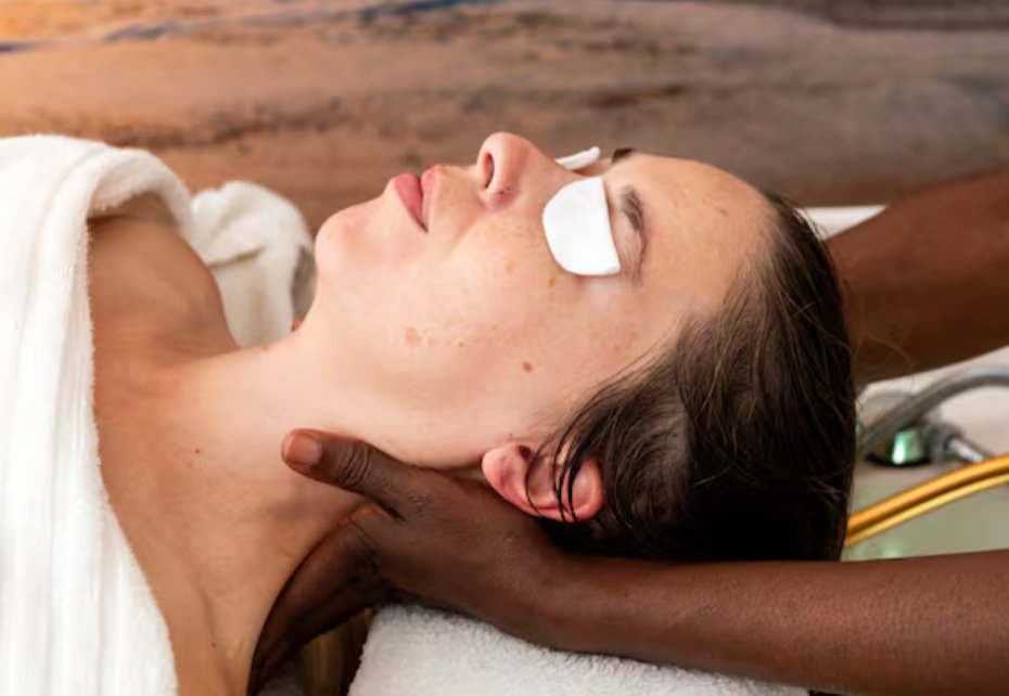 Massage de la nuque, cliente détendue sous une serviette